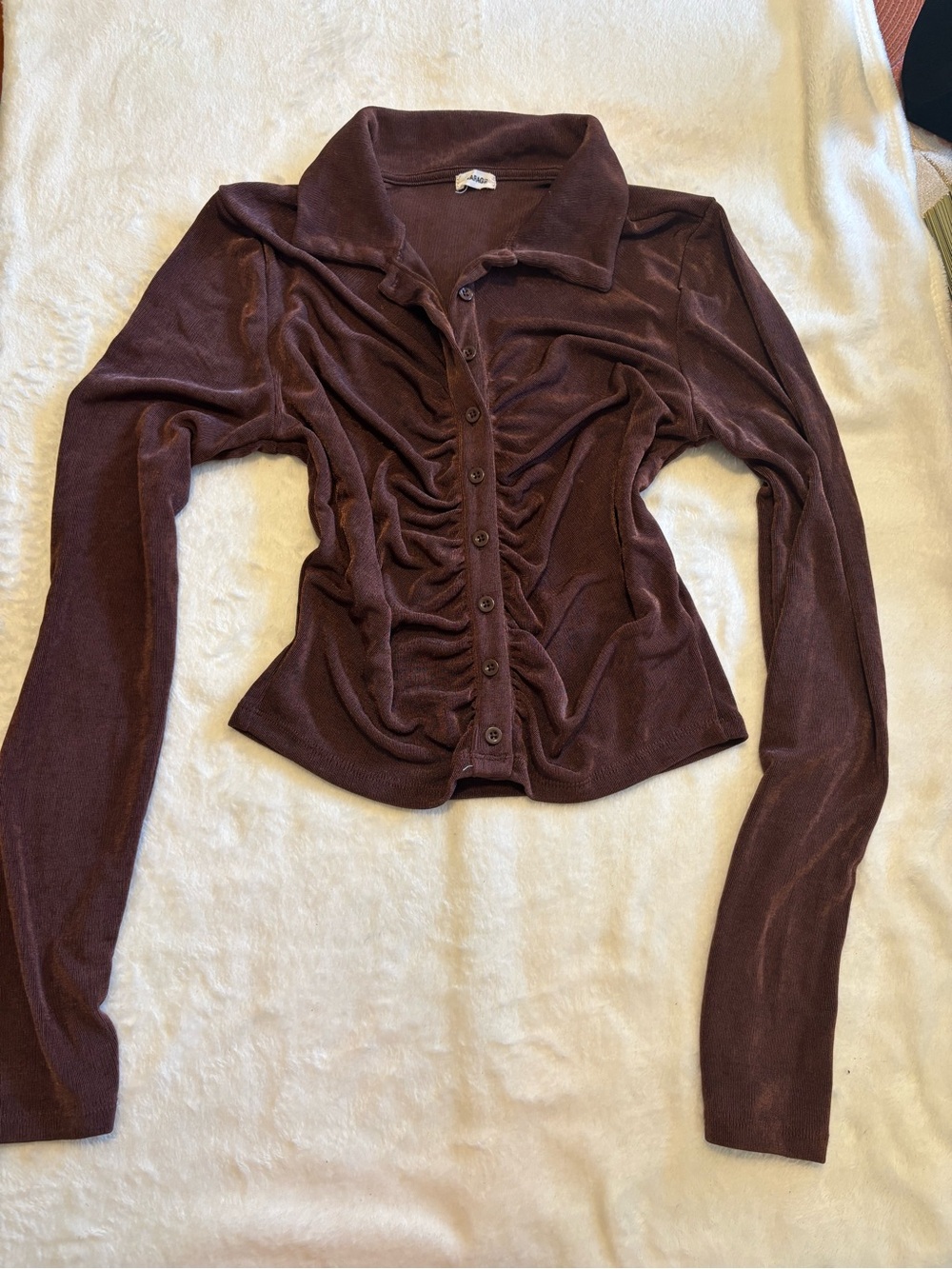 Ruched Button-Up Long Sleeve Top in Mauve Brown - Picture 2 of 5